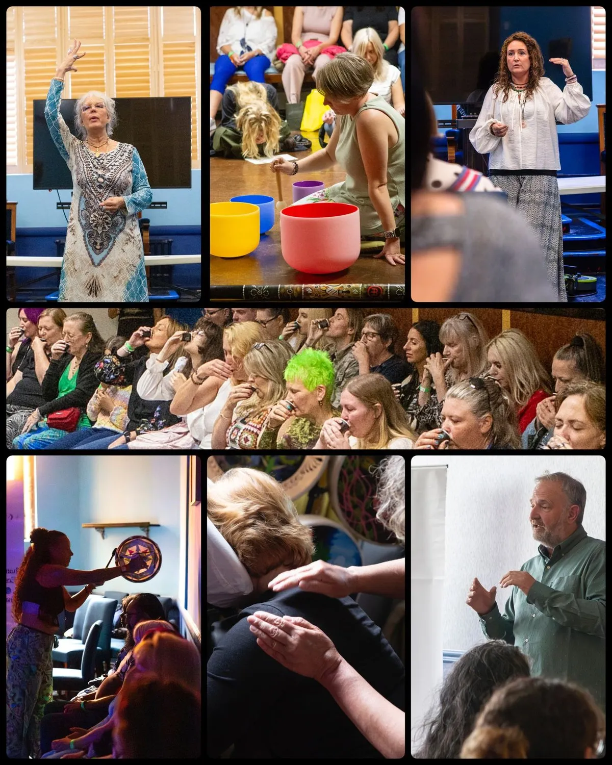 Scenes from a Rosemary Douglas Mind Body Spirit weekend: talks, sound healing, cacao ceremony, drumming and hands-on healing.