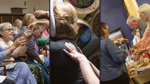 Scenes from a Rosemary Douglas weekend: a cacao ceremony, hands-on healing, and visitors browsing a stall.